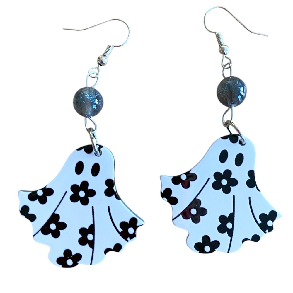 Hand Crafted Floral Ghost Beaded Dangle Earrings - Picture 2 of 4